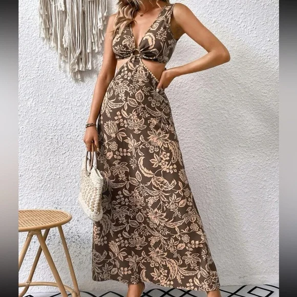 Boho Floral Print Cut Out Waist Back Tie Bow Dress - Picture 3 of 12